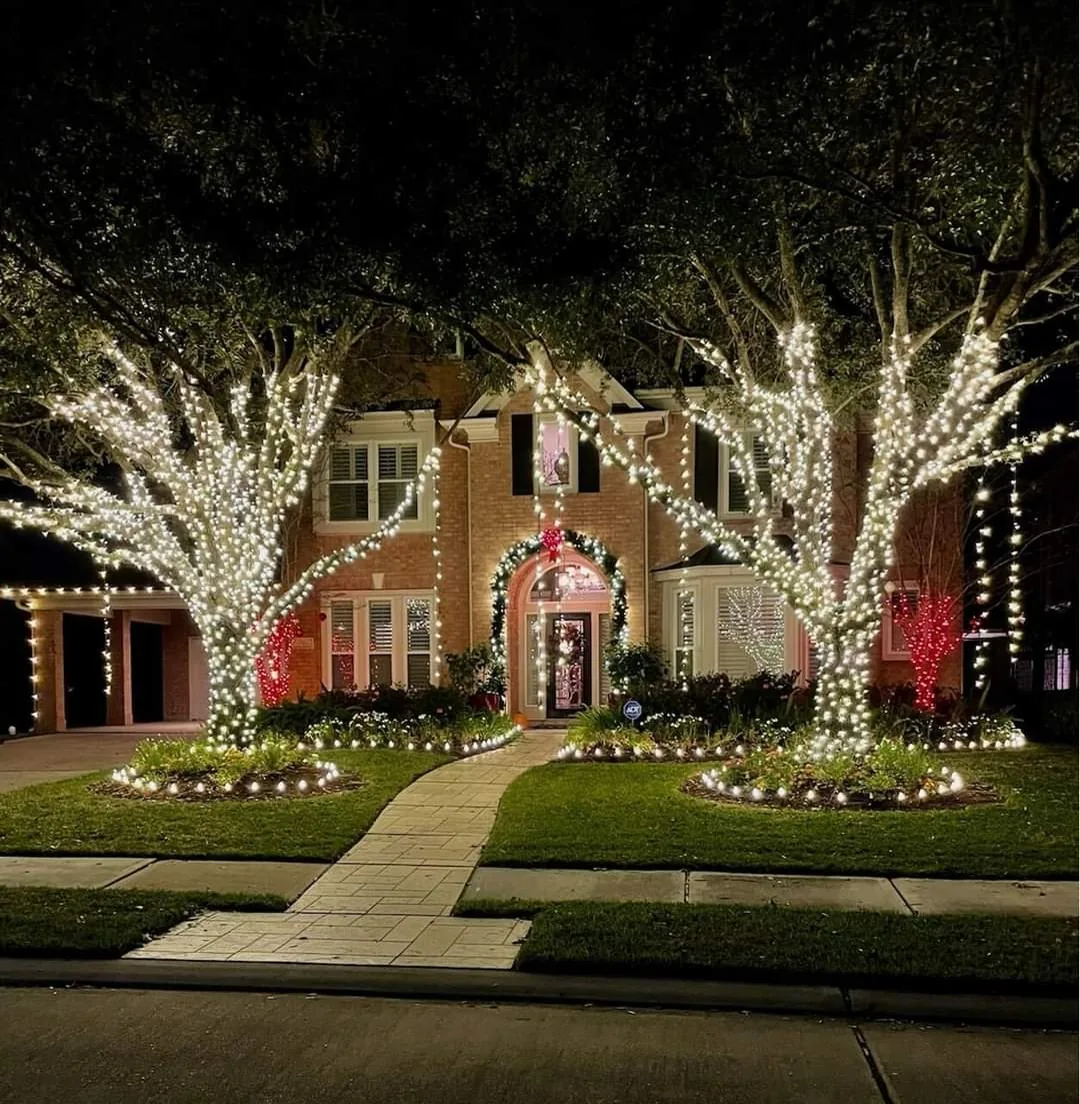 Professional Christmas light installation on Houston residential property exterior